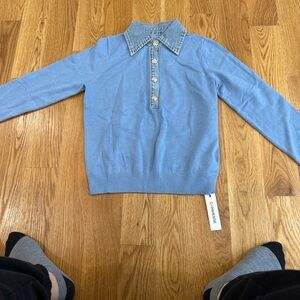 Commense Light Blue Sweater with Denim Collar